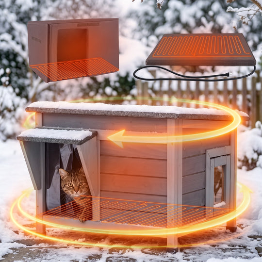 MEDEHOO Heated Outdoor Cat House with Heating Pad and Washable Insulated Liner, Wooden Shelter for 1–2 Cats