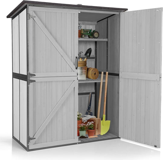 MEDEHOO Storage Shed Outdoor Storage Cabinet Upgraded with All Arounded Metal Frame, Wooden Floor and Adjustable Shevels 55" L x 29" W x 67" H, Off-White