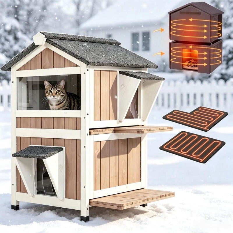 MEDEHOO Heated Outdoor Cat House for Outside Weatherproof Feral Cat Shelter for Winter with Heater and Insulated Liner Two Story, Brown GUT94-WBR-HP-WM