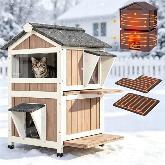 MEDEHOO Heated Outdoor Cat House for Outside Weatherproof Feral Cat Shelter for Winter with Heater and Insulated Liner Two Story, Brown GUT94-WBR-HP-WM