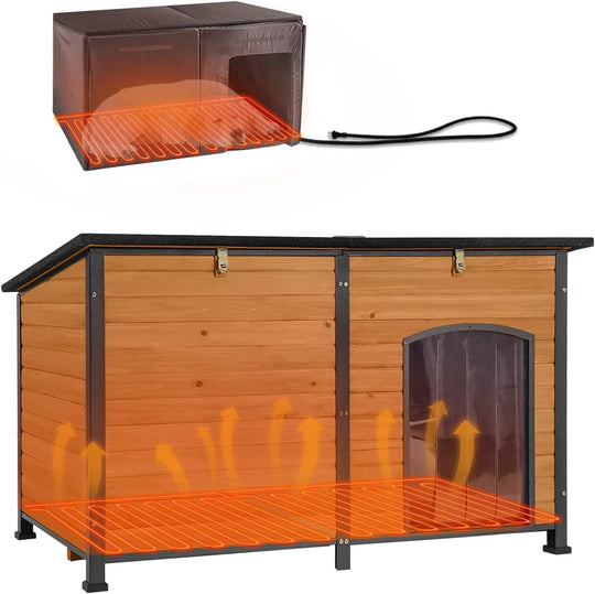 Large Heated Dog House with Heated Liner for Outdoor - Waterproof Outside Dog Kennel for Medium and Large Dog with All-Around Iron Frame - Brown GUT63-IN-HP-WM