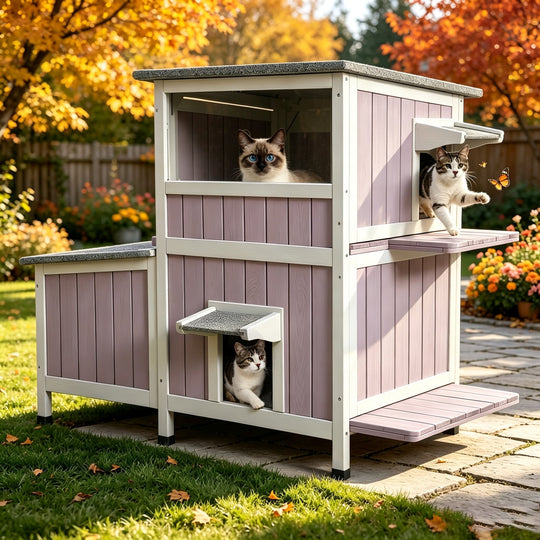 MEDEHOO Outdoor Cat House for Winter, 2-Story Wooden Feral Cat Shelter with Waterproof Roof Escape Door and Elevated Base to Keep Multiple Cats Warm