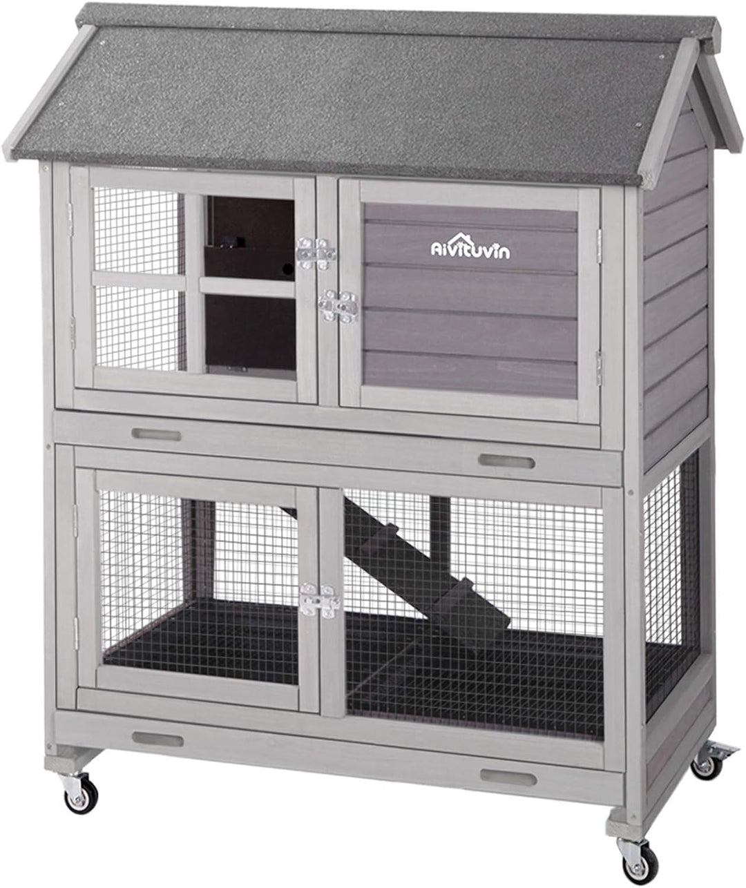 MEDEHOO Outdoor Rabbit Hutch Bunny House with Wheels, Wooden Guinea Pig Cage for Small Animals