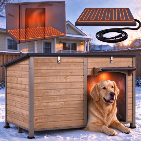 MEDEHOO Extra Large Heated Dog House Insulated Dog Kennel Winter Shelter with Safe Thermostat-Controlled Heating Pad, Chew-Proof Metal Frame, 6-Sided Thermal Liner for Large Dog Breeds (Brown) AIR63-CG-HP-A11-WM