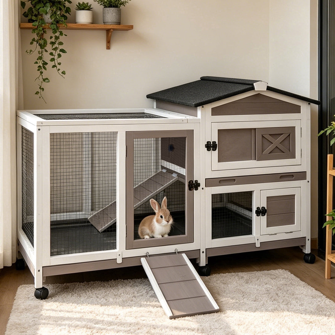 MEDEHOO Rabbit Hutch Bunny Cage Outdoor &amp; Indoor with Wheels, Two Layer Guinea Pig House with Pull Out Tray, Chew-Proof Ramp, Waterproof Roof