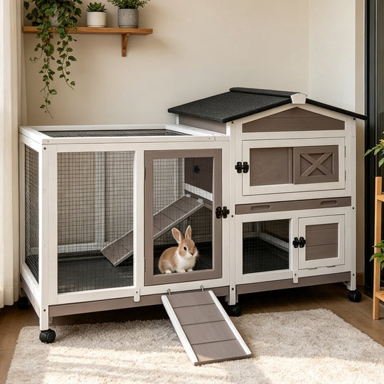 MEDEHOO Rabbit Hutch Bunny Cage Outdoor &amp; Indoor with Wheels, Two Layer Guinea Pig House with Pull Out Tray, Chew-Proof Ramp, Waterproof Roof