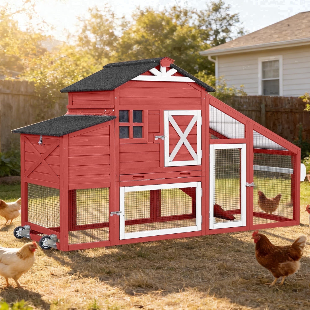 MEDEHOO 73" Mobile Chicken Coop with Run for 2-4 Chickens, Large Wooden Hen House with Nesting Box, 2 Perches and Easy-Clean Pull-Out Tray, Gray AIR32-R-9-AD-2-WM