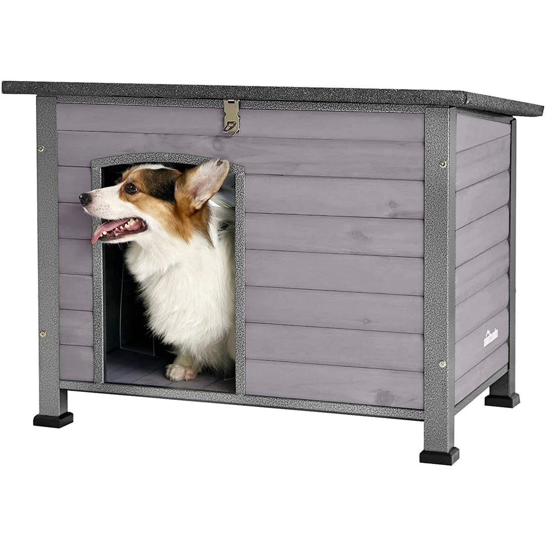 MEDEHOO Large Outdoor Insulated Dog House Indestructible Dog Shelter Weatherproof Dog Kennel with Chew-Proof Metal Frame, Openable Roof for Small to Large Dog Breeds (Grey, 33.5"L x 22"W x 25.2"H)