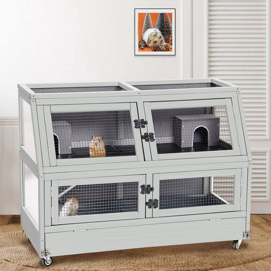 MEDEHOO Guinea Pig Cage Chew Proof Hamster Cage Metal Frame Rat House Small Animal Habitat Critter Nation Cage 2 Levels Double Use Movable AIR58-J-WM