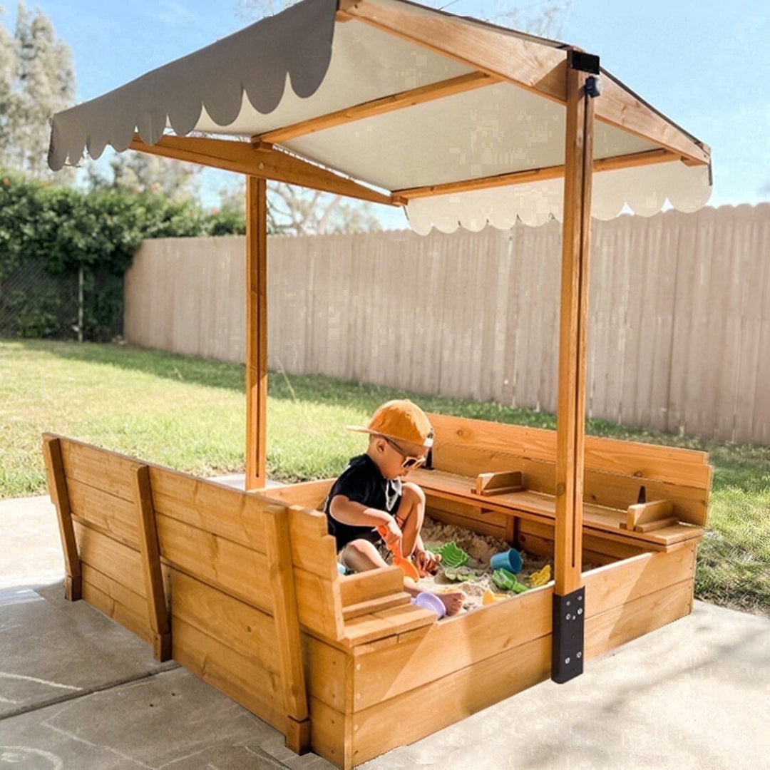 MEDEHOO Sandbox with Lid, Sand Boxes for Kids Outdoor, Sand Pit with 2 Foldable Bench Seats, UV Resistant &amp; Adjustable Height Roof, Gift for Kids Ages 4-8