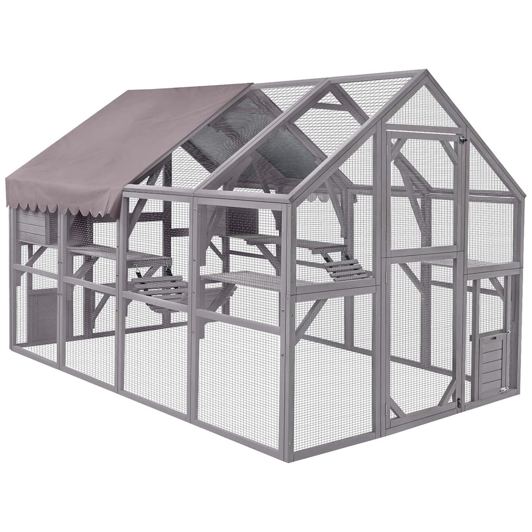 MEDEHOO Catio Outdoor Cat Enclosure Large Cat Run with Bridges, Walks, Small Houses, Roof Cover 110" AIR52-PA-WM