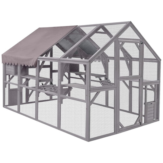 MEDEHOO Catio Outdoor Cat Enclosure Large Cat Run with Bridges, Walks, Small Houses, Roof Cover 110" AIR52-PA-WM