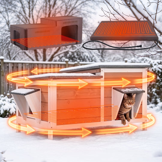 MEDEHOO 39" Heated Outdoor Cat House, Large Weatherproof Feral Cat Shelter for Winter with Safe Electric Heat Mat, 6-Side Insulated Liner and Escape Door for 1-4 Cats, Light Brown