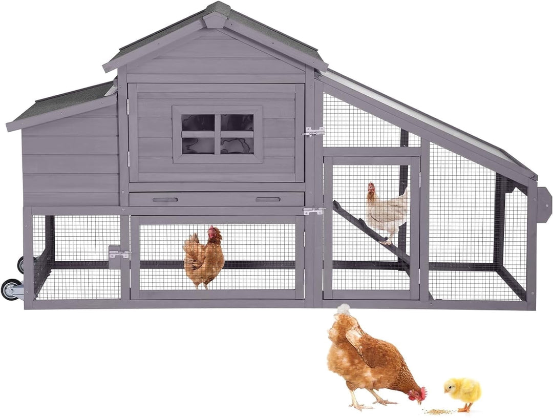MEDEHOO Chicken Coop, Mobile Chicken House with with Wheels, Outdoor Hen House Poultry Cage with Nesting Box, Leakproof Pull Out Tray and UV-Resistant Roof (Grey) AIR23-D-A111-WM2