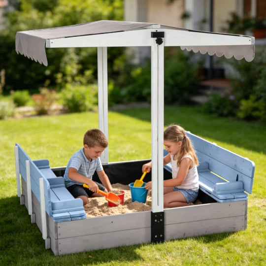 MEDEHOO Sandbox with Cover,Large Wooden Sand Box with lids Foldable Beench Seats,Sand Boxes for Backyard Garden, Beach Patio Outdoor GUT05-B-A12-WM