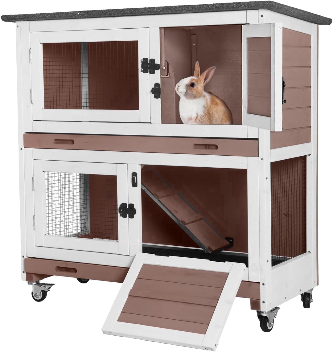 MEDEHOO Wooden Rabbit Hutch Indoor Outdoor Rabbit Cage with Two Removable Trays Bunny Cage on Wheels Pet House Guinea Pig Cage 2 Story (Brown)