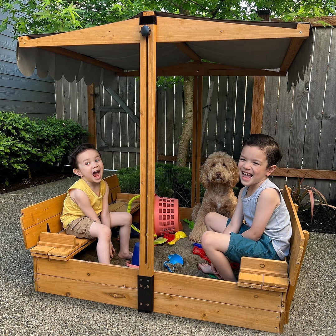 MEDEHOO Sandbox for Kids with Lid and Canopy, Sand Boxes with Covers Foldable Bench Seats, Children Outdoor Wooden Playset - Retractable Roof