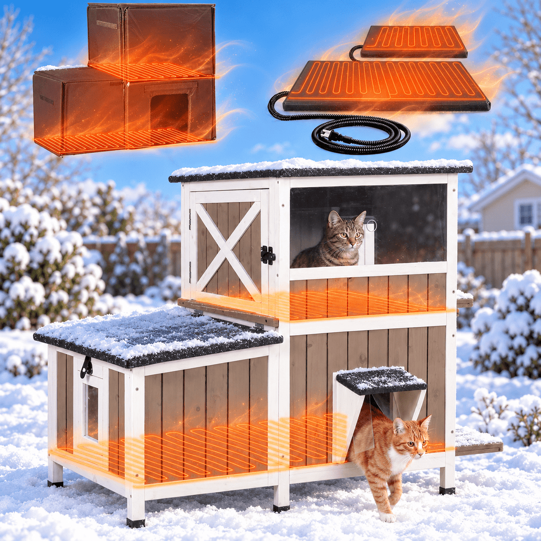 MEDEHOO Extra Large Heated Outdoor Cat House with Heating Pad and 6-Sided Insulation for Multiple Cats, Brown AIR7033-WB-HP-GE