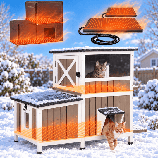 MEDEHOO Extra Large Heated Outdoor Cat House with Heating Pad and 6-Sided Insulation for Multiple Cats, Brown AIR7033-WB-HP-GE