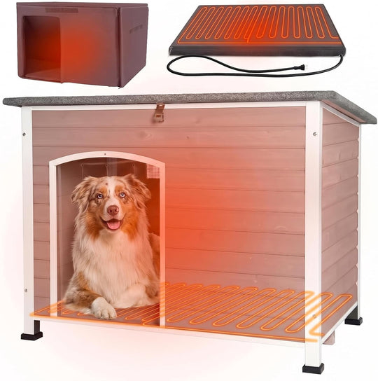 MEDEHOO 43.3" Heated Dog House Outdoor, XL Insulated Weatherproof Kennel with Heating Pad &amp; Chew-Proof Metal Frame DH76-MB-IN-HP-4DML-WM2