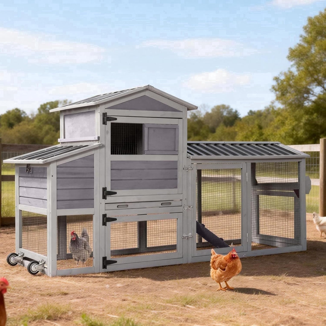 MEDEHOO 83" Large Chicken Coop for 4-6 Chickens, Mobile Hen House Outdoor Wooden Poultry Cage with Wheels Nesting Box Run