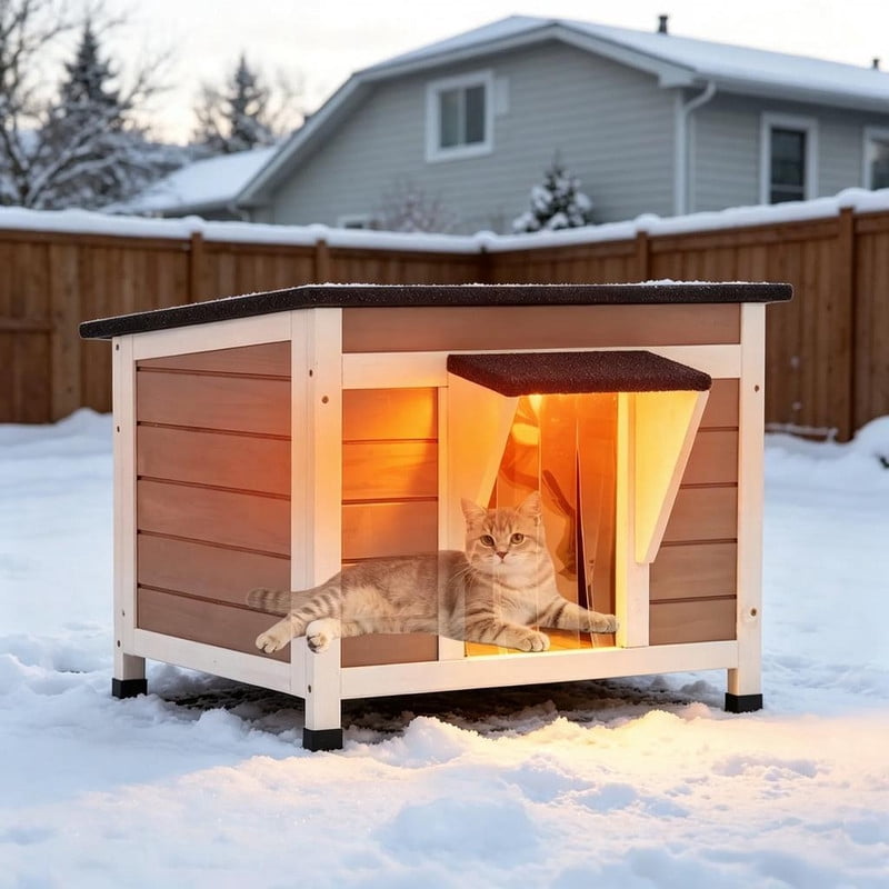 MEDEHOO Insulated Outdoor Cat House 23.6 in, Weatherproof Wooden Feral Cat Shelter with Washable Thermal Liner and Elevated Base, Brown GUT12-WBR-IN-WM