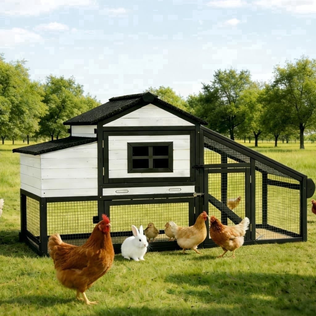 MEDEHOO Chicken Coop, Mobile Chicken House with with Wheels, Outdoor Hen House Poultry Cage with Nesting Box, Leakproof Pull Out Tray and UV-Resistant Roof,Rabbit Hutch Duck Coop (Black) AIR23-BL-A11-WM