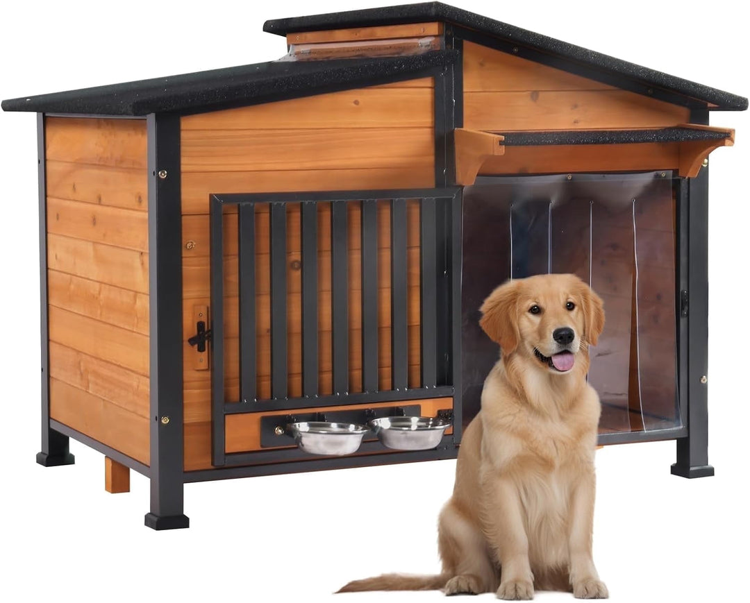 Dog House with Anti-Chewing Metal Frame Design Wooden Dog Kennel with Unique Design Roof, Weatherproof Dog House for Indoor &amp; Outdoor Use (Wood, L)