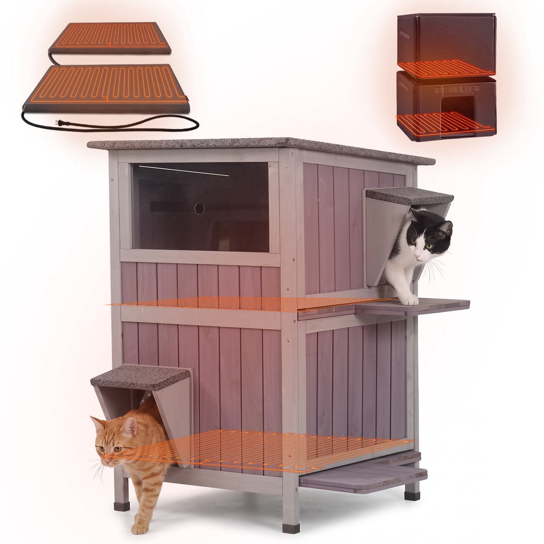 MEDEHOO Heated Cat House with Heating Pad &amp; Insulated Liner for Winter with Heater and Insulated Liner Two Story AIR14-IN-HP-PD