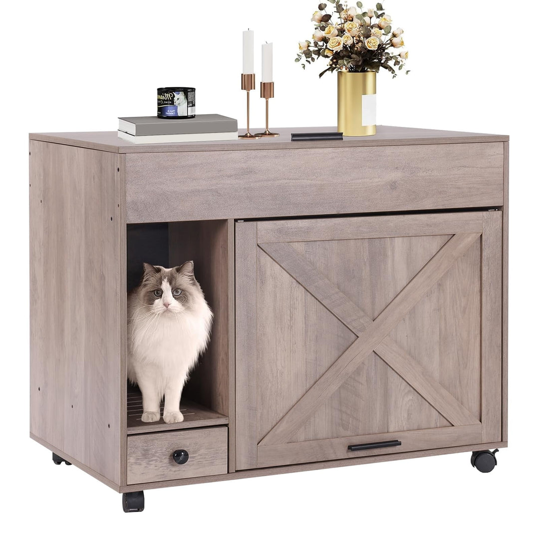 MEDEHOO Cat Litter Box Enclosure Cabinet,Flip Top Hidden Litter Box Furniture,Indoor Wooden Covered Cat House with Drawer,Wheels