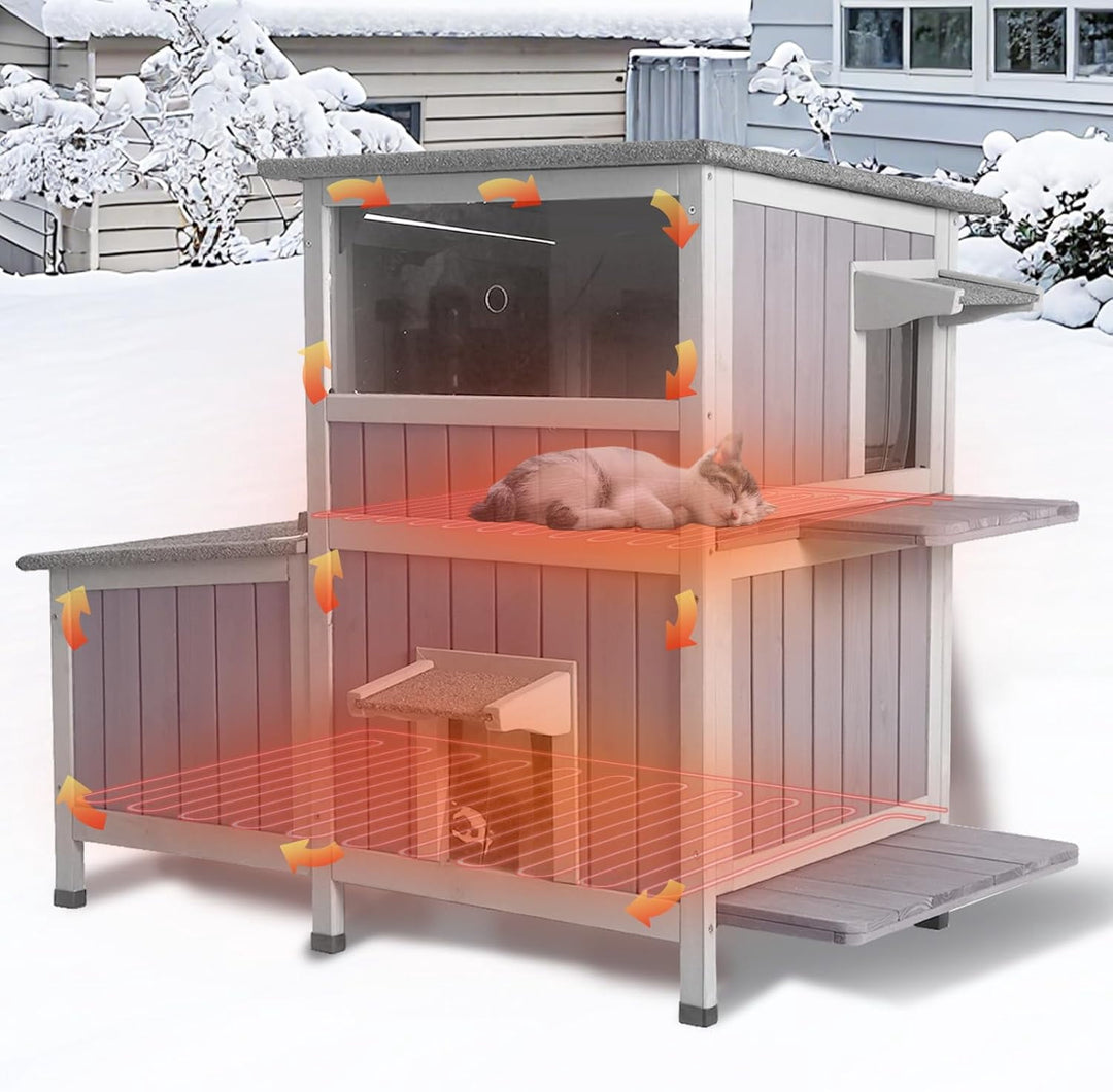MEDEHOO Heated Cat House for Outside Indestructible Outdoor Cat House Insulated Large Weatherproof Feral Cat Shelter with Heating Pad, Insulated Thermal Liner for 1-5 Barn Cats, White &amp; Brown