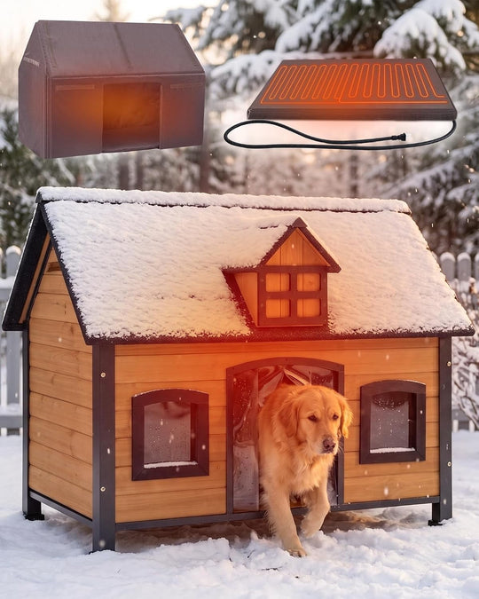 MEDEHOO Heated Dog House Outdoor, Insulated Wooden Kennel with Chew-Proof Metal Frame &amp; Weatherproof Roof