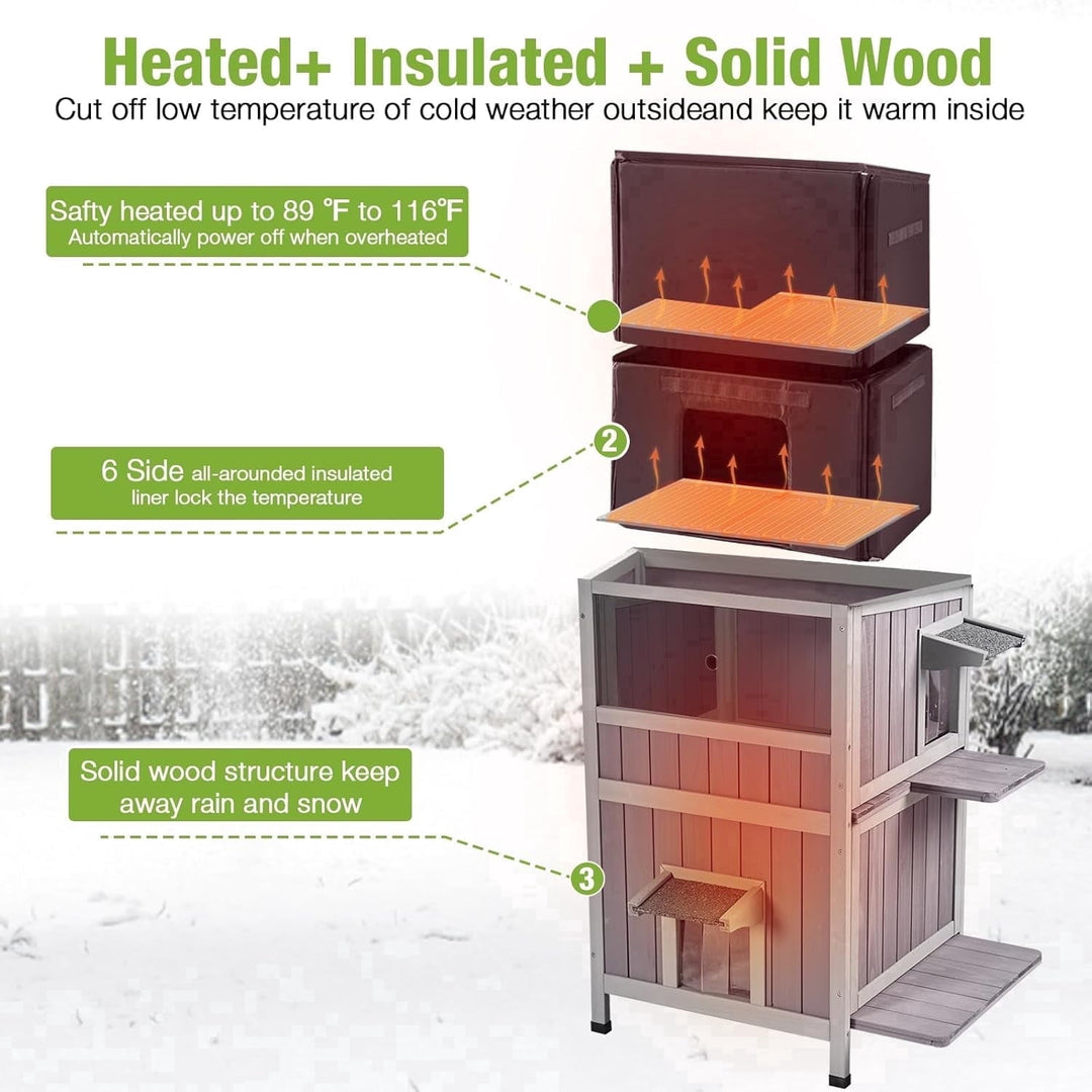 MEDEHOOHeated Cat House with Heating Pad &amp; Insulated Liner for Winter with Heater and Insulated Liner Two Story AIR14-IN-HP-PD