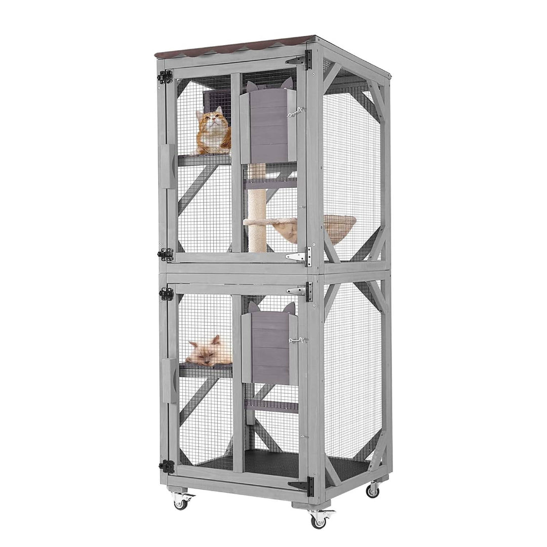 MEDEHOO Catio Outdoor Cat Enclosure with Wheels, Outdoor Cat House with Weatherproof Roof, 3 Platforms, Large Window Catio Portable Cat Cage Indoor for 2-3 Cats, 23.4" D x 24.5" W x 62.8" H - Grey AIR22-M-1-WM