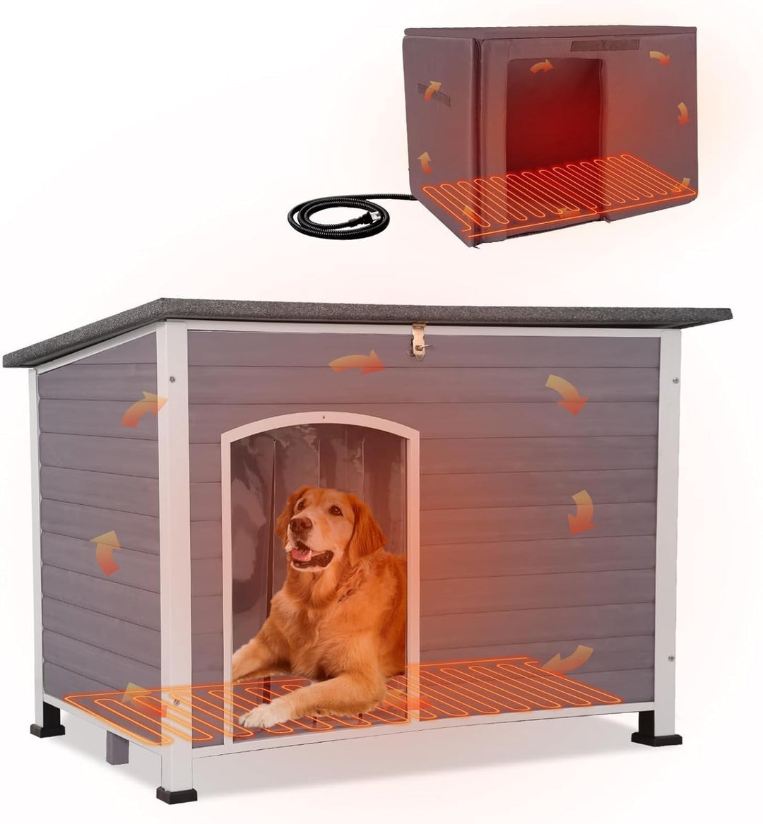 MEDEHOO Extra Large Heated Dog House Outdoor XL Insulated Dog House Weatherproof Dog Kennel with Safe Heating Pad, Thermal Liner, Chew-Proof Metal Frame for Large Dogs, 43.3" L×29.4" D×33.4" H MAR-AIR43M-HP-WM