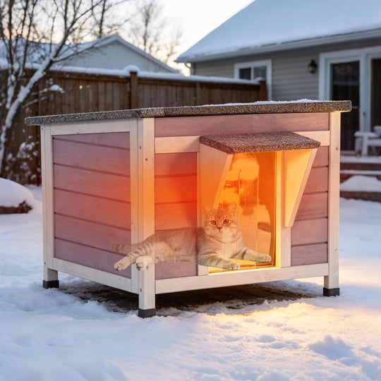 MEDEHOO Insulated Outdoor Cat House, Wooden Weatherproof Feral Cat Shelter with Liner Keep Warm for Winter, Easy Clean Openable Roof AIR12-IN-L