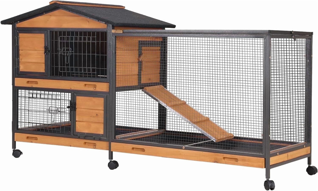 MEDEHOO Rabbit Hutch Outdoor Indoor, Rabbit Cage with Wheels Bunny Cage Large Guinea Pig Cage for Small Animals with Tray AIR190-X-WM