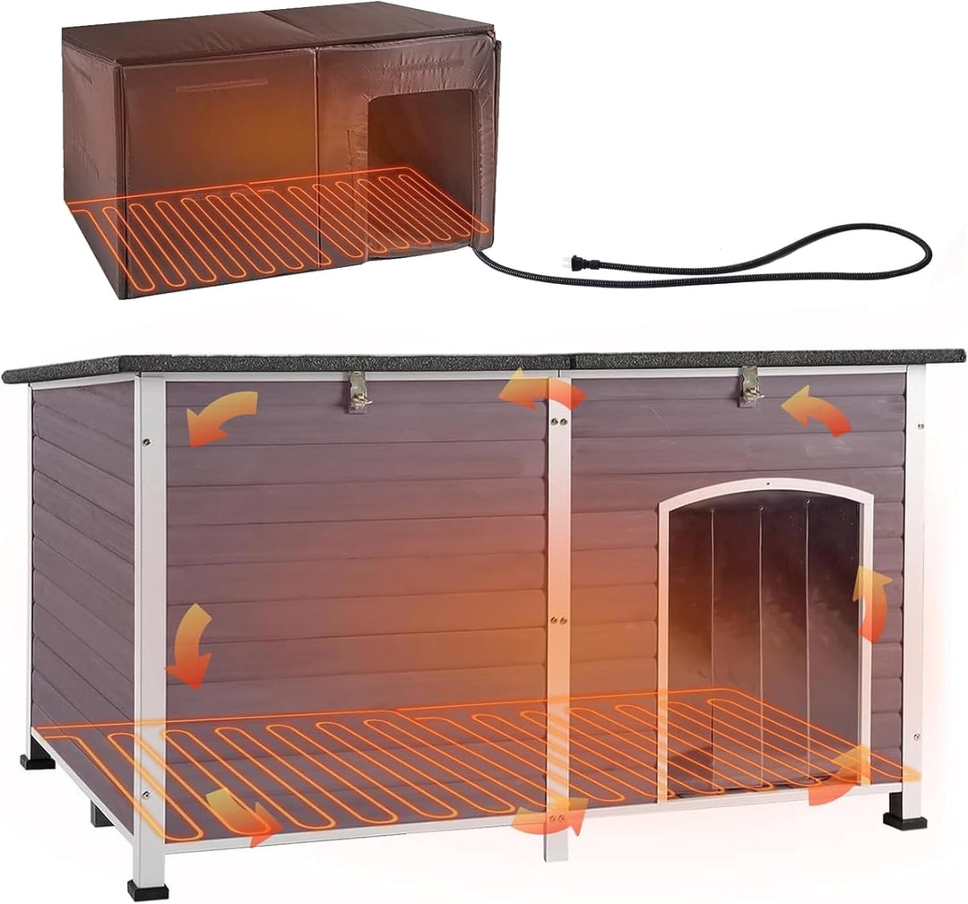 MEDEHOO Heated Dog House Outdoor 59" Extra Large Insulated Dog Kennel with Heater for Winter,Waterproof Dog Cage for Large &amp; Medium,Small Dogs,All-Around Iron Frame AIR64-IN-HP-J-WM