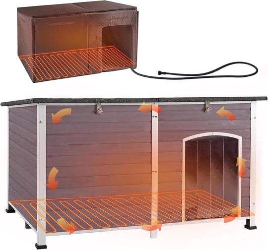 MEDEHOO Heated Dog House Outdoor 59" Extra Large Insulated Dog Kennel with Heater for Winter,Waterproof Dog Cage for Large &amp; Medium,Small Dogs,All-Around Iron Frame AIR64-IN-HP-J-WM