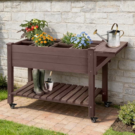 MEDEHOO Raised Garden Bed Outdoor with Wheels, 52.7" Elevated Wooden Garden Bed with 8 Planter Boxes, Removable Dividers, Storage Shelf, Standing Mobile Planter with Non-Woven Liner GUT2-WM