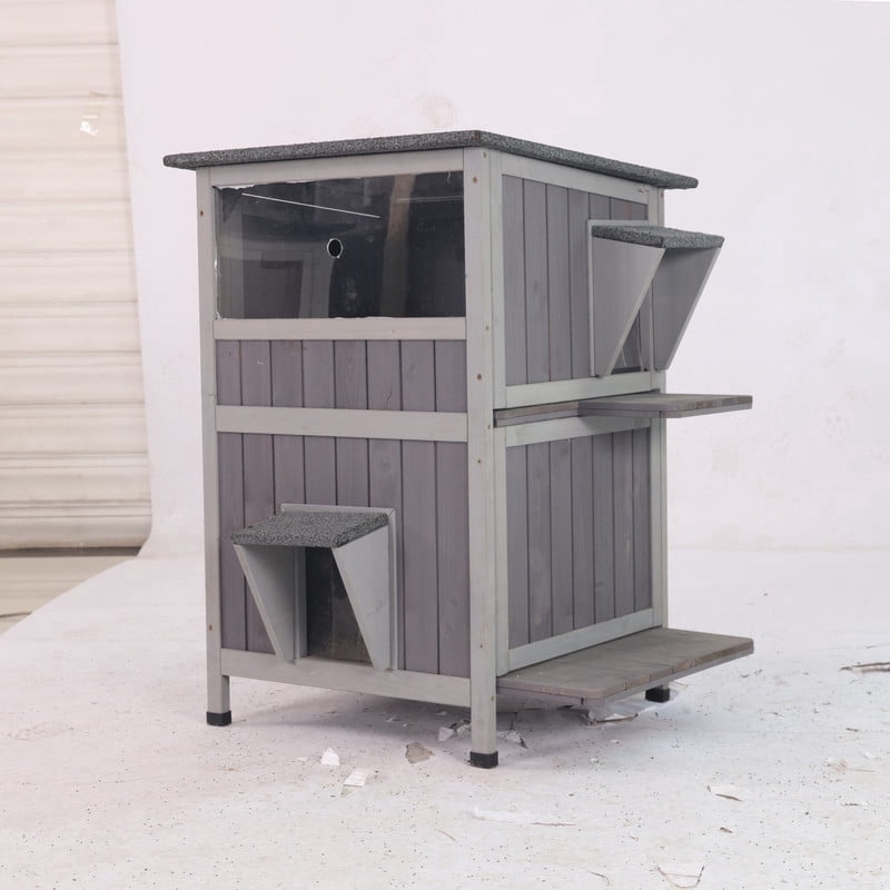 MEDEHOO 2-Story Outdoor Heated Cat House with Insulated Liner and Heating Pad, Weather-Resistant Wooden Feral Cat Shelter for Winter AIR14-HP-WFS-GE