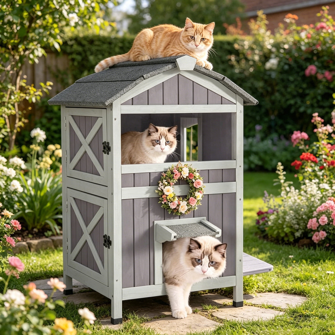 MEDEHOO 2-Story Outdoor Cat House Large Weatherproof Feral Cat Shelter Wooden Elevated Kitty Condo with Openable Roof, Large Doors, Acrylic Window