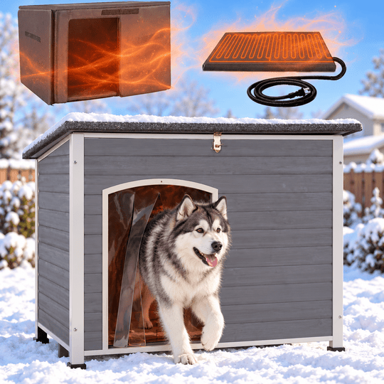 MEDEHOO Extra Large Heated Dog House – Weatherproof, Insulated Kennel with Thermostat-Controlled Heater &amp; Chew-Resistant Metal Frame for Large Dogs, 43.3″ Grey GUT43-M-HP-N-WM