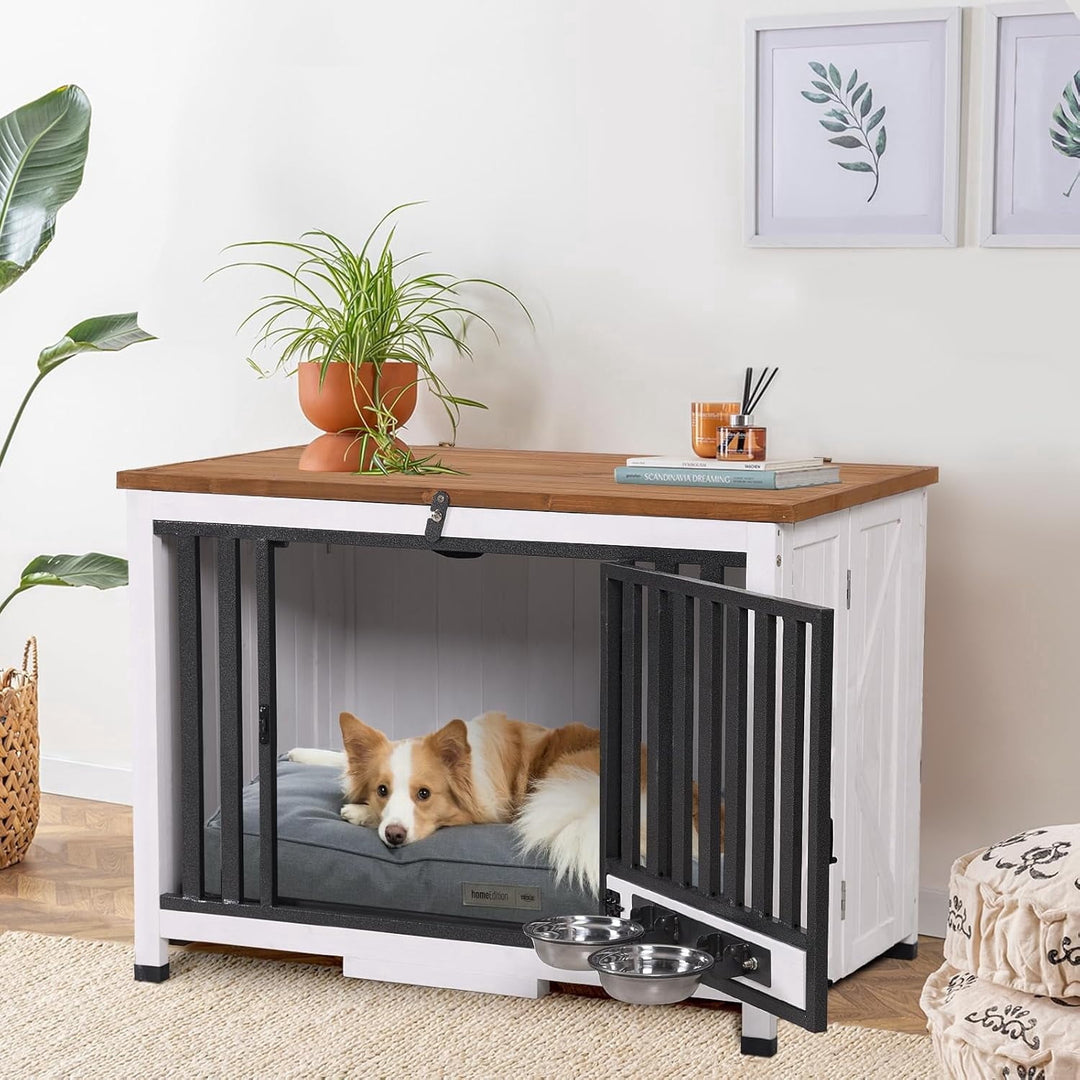MEDEHOO Foldable Dog Crate – Indoor Kennel with Pull-Out Tray &amp; 2 Bowls, Modern Side Table Design for Medium Breeds (Brown) AIR100-A12-WM