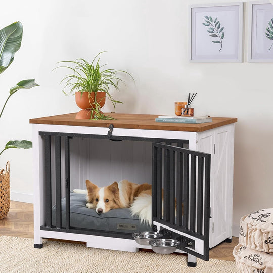 MEDEHOO Foldable Dog Crate – Indoor Kennel with Pull-Out Tray &amp; 2 Bowls, Modern Side Table Design for Medium Breeds (Brown) AIR100-A12-WM