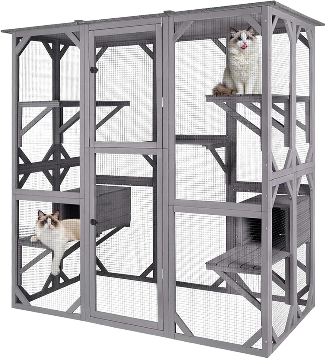 MEDEHOO Catio Outdoor Cat Enclosure Large Walk in Window Cat House for Mulitiple Cats with 7 Platforms and 2 Resting Box,Asphalt Roof,70 inch