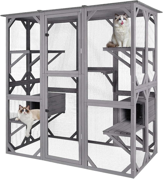 MEDEHOO Catio Outdoor Cat Enclosure Large Walk in Window Cat House for Mulitiple Cats with 7 Platforms and 2 Resting Box,Asphalt Roof,70 inch
