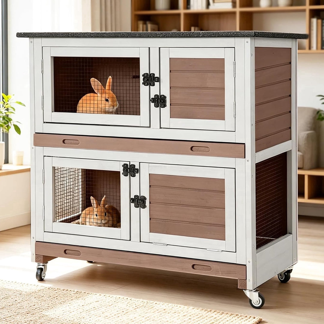 MEDEHOO Rabbit Hutch Indoor, 36'' Bunny Hutch Outdoor, Mobile Rabbit Cage with Wheels, 2-Story Bunny Cage with 2 Pull Out Trays, Wooden Guinea Pig Cage (Brown)