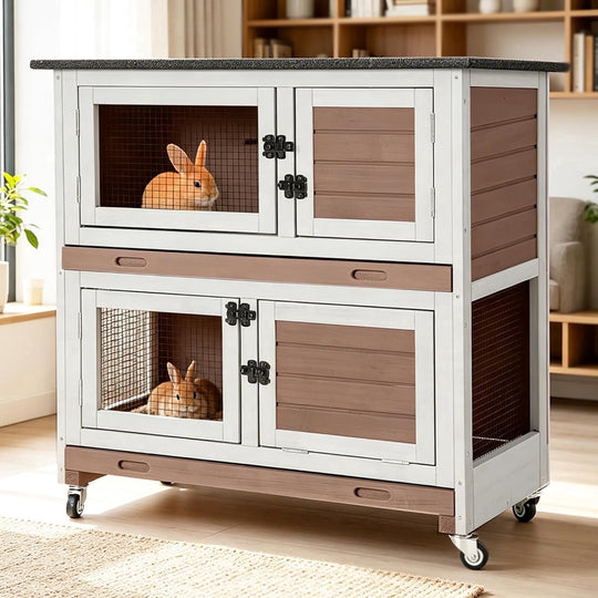 MEDEHOO Rabbit Hutch Indoor, 36'' Bunny Hutch Outdoor, Mobile Rabbit Cage with Wheels, 2-Story Bunny Cage with 2 Pull Out Trays, Wooden Guinea Pig Cage (Brown)
