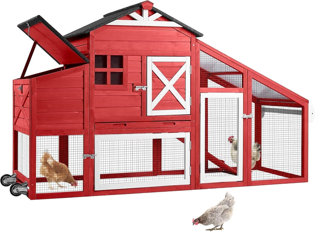 MEDEHOO 73.4" Large Chicken Coop with Wheels for Outdoor, Mobile Chicken House with Nest Box &amp; Removable Tray for 2-5 Chickens, Weatherproof Poultry Cage, Red SKY32-R-WM